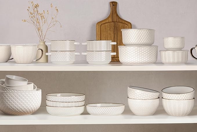 KooK Serving Bowls, with Lids, Ceramic Nesting Bowls, Set of 4, Embossed, Kitchen, Prep, Stackable, Gift, Microwave and Dishwasher Safe, 10/16/29/47 oz, Narbonne Collection (Ivory)