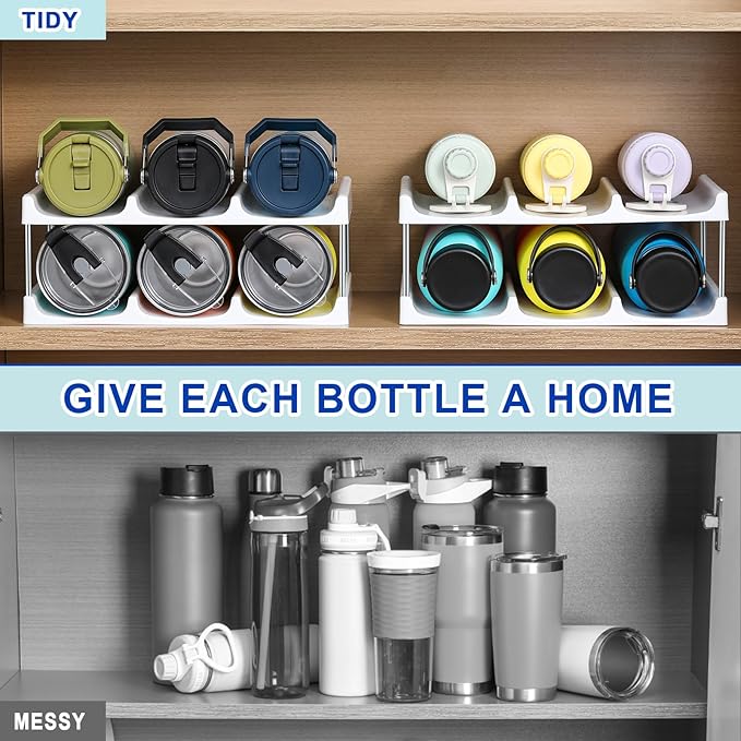 LANDNEOO Stackable Water Bottle Organizer Holder - for Stanley & Others' Large Tumbler Organization - White Plastic Wine Rack, Bottle Holder for Home Countertop Fridge Pantry Shelf, 2 Tier Hold 6