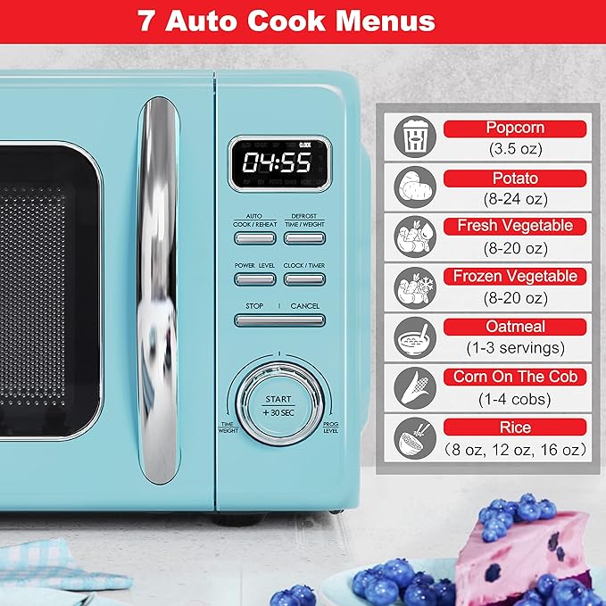 Galanz GLCMKZ11BER10 Retro Countertop Microwave Oven with Auto Cook & Reheat, Defrost, Quick Start Functions, Easy Clean with Glass Turntable, Pull Handle, 1.1 cu ft, Blue