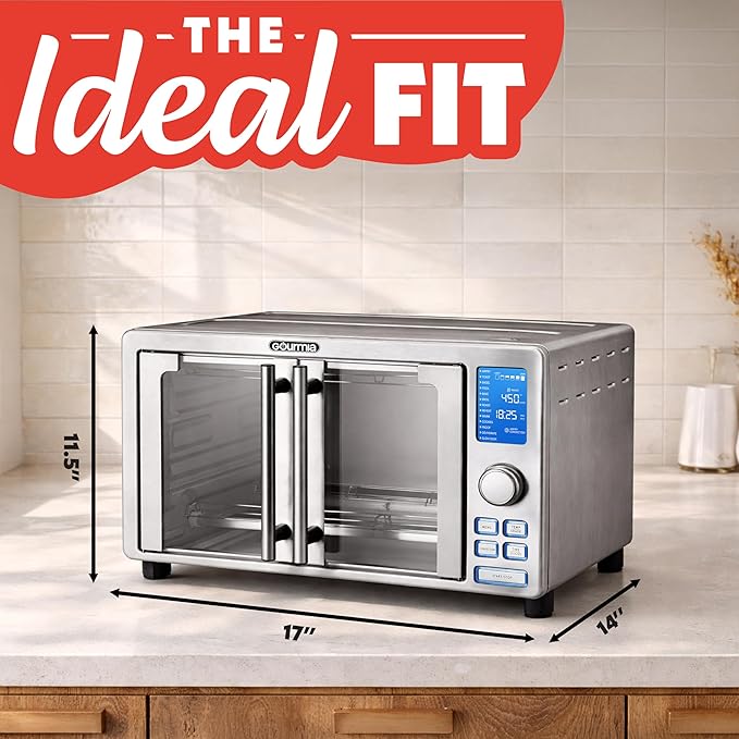 Gourmia Air Fryer French Door Toaster Oven - 6-Slice Capacity, LED Display with 14 Cooking Presets, Stainless Steel