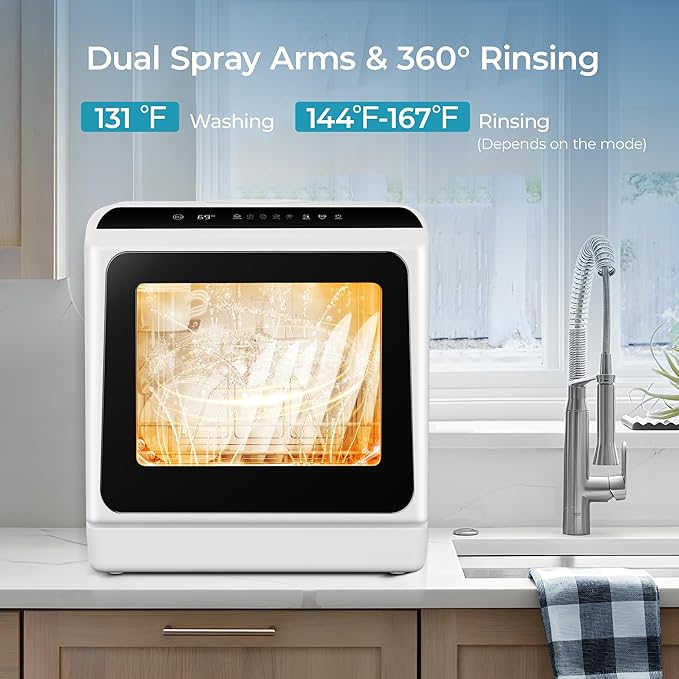 EUHOMY 6 Programs Countertop Dishwasher, Portable Dishwasher with 5L Built-in Water Tank & Inlet Hose, Mini Dishwasher for Apartments and RVs, High-Temp & Air-Dry Function, No Hookup Needed, Black