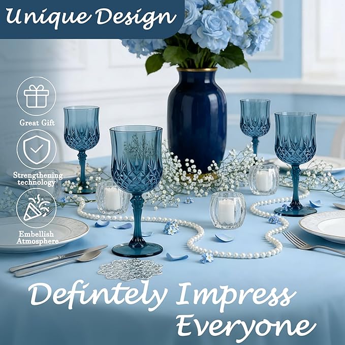 Plastic Wine Glasses, Plastic Goblets Vintage Style Cordial Unbreakable Drinking Glasses, Reusable Drinkware for Wedding Reception, Grand Event Party Supplies (12, Navy Blue)
