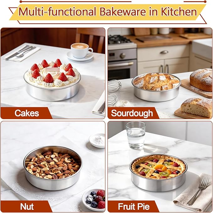 P&P CHEF 7 Inch Cake Pan Set of 3, 3 Pieces Round Layer Cake Baking Pans, Stainless Steel Smash Cake Tin Bakeware for Cooking Steaming, Nontoxic & Sturdy, Oven & Dishwasher Safe