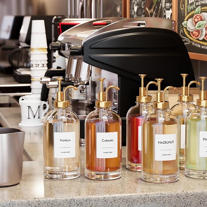 16.9 oz (500 ml) Coffee Syrup Dispenser Set - 2 Glass Bottles with Gold Pumper and Syrup Labels - Precise Dispensing and Stylish Addition to Coffee Shop, Cafe or Home Bar