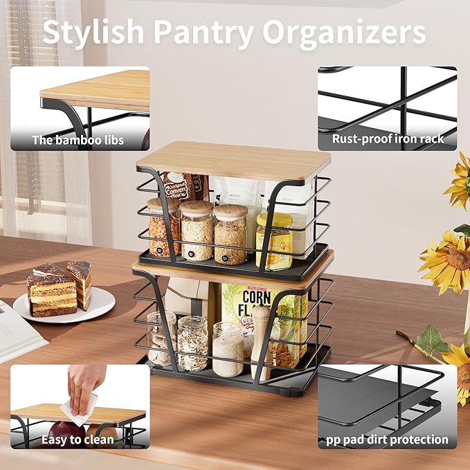 2 Pack Potato and Onion Storage Bins, Stackable Kitchen and Pantry Organizer with Bamboo Top & Lightweight PP Mat, for Vegetables, Fruit, Onion, Potato, Garlic - Pantry, Kitchen Storage Bins (Black)