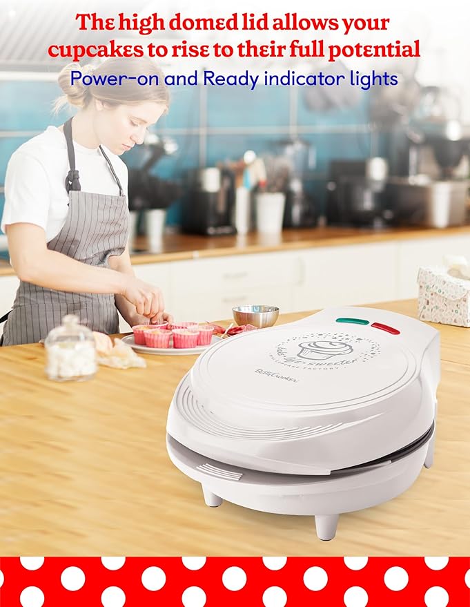 Betty Crocker Mini Cupcake Factory, with Nonstick Surface, Mini Cupcake Machine with Cool Touch Handle & Makes 7 Delicious Cupcakes in Minutes, Pink/White