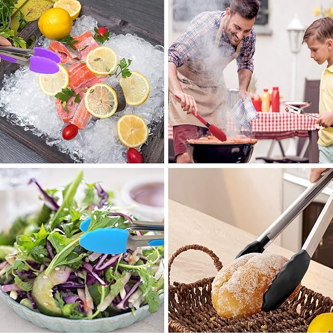 Kitchen Tongs with Silicone Tips - ForTomorrow Set of 5, 7 9 Inch Premium Silicone Tipped Tongs for Cooking Heat Resistant, Serving Food, BBQ
