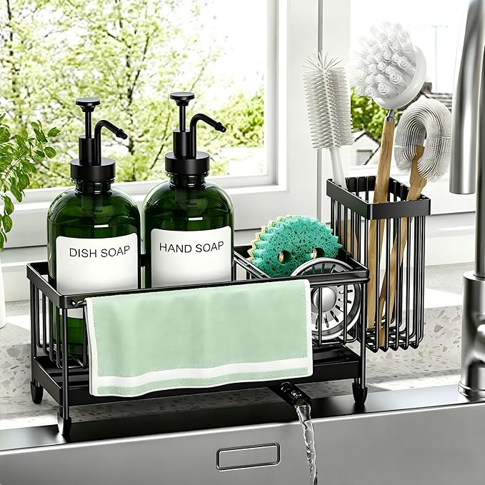 Kitchen Soap Dispenser Set with Sponge Holder and Towel Rack, 17OZ Glass Bottle, Hand and Dish Soap Dispenser Set, Non-Slip Silicone Pad, Brush Holder, Kitchen Sink Caddy Organizer Countertop (Green)