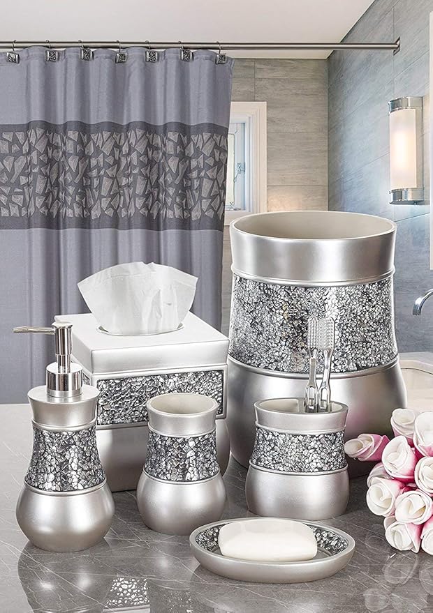 Creative Scents Crackled Glass Silver Hand Soap Dispenser for Bathroom, Decorative Countertop Lotion Dispenser, Elegant Liquid Soap Dispenser with Sturdy Pump for Classic Bathroom Décor