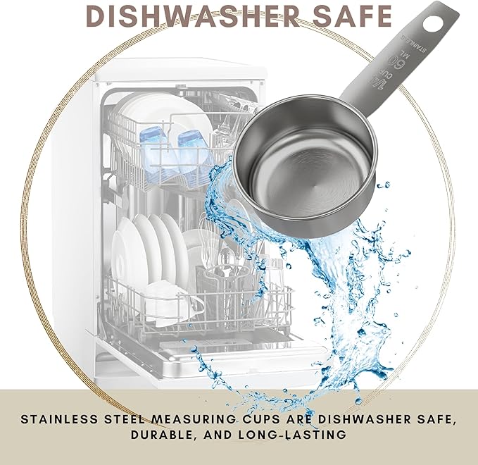 1/4 Cup Stainless Steel Measuring Cup | Sturdy Metal 60 ml | 60 cc | 2 oz | Single Cup for Wet and Dry Ingredients | Great for use as 1/4 Cup Dog Food Scoop - 4 PK