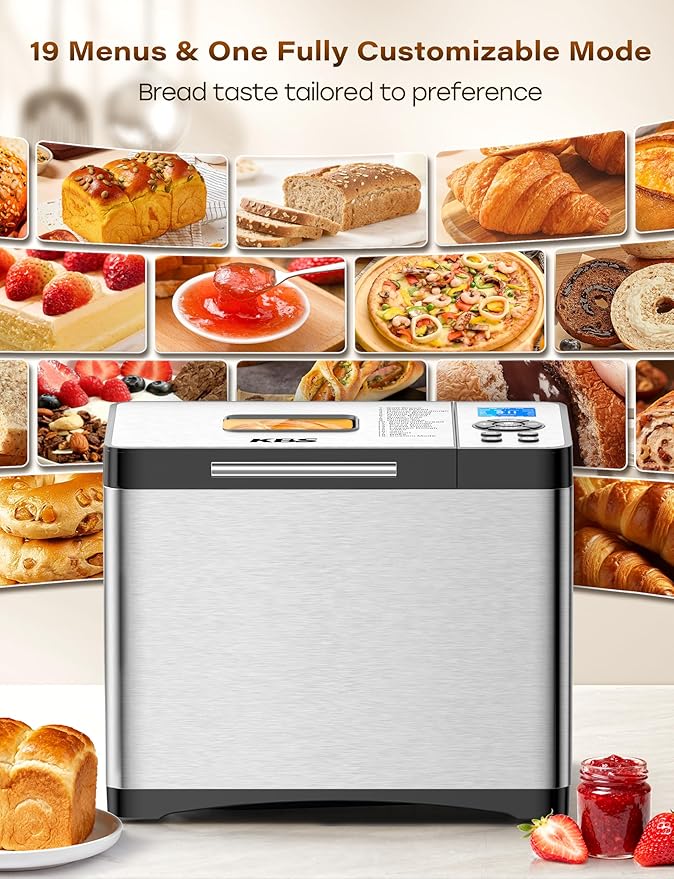KBS 19-in-1 Programmable Bread Maker, 2LB Bread Machine with Healthy Ceramic Pan, Stainless Steel Bread Maker Machine with 15H Timer& 1H Keep Warm, Sourdough, Gluten Free, 3 Crust Colors, 53 Recipes