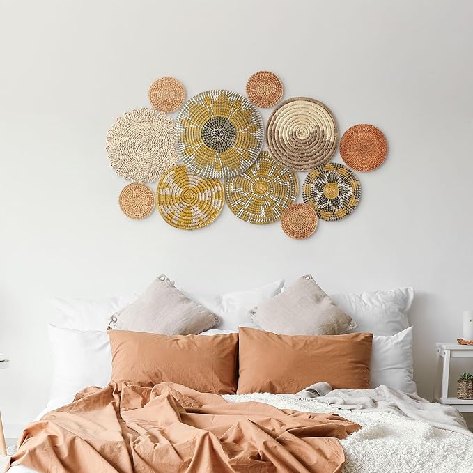 Tatuo 11 Pcs Boho Wall Basket Decor Bulrush Woven Wall Hanging Art Round Farmhouse Rustic Handmade Wicker for Summer Home, Bedroom, Living Room, Kitchen Decorations, Multi Sizes(Lively)