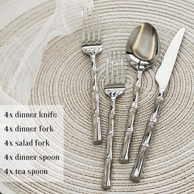 20-Piece Silverware Set with bamboo Handle,Stainless Steel Flatware Set, Modern Cutlery Set, Service for 4, Mirror Finish Dishwasher Safe