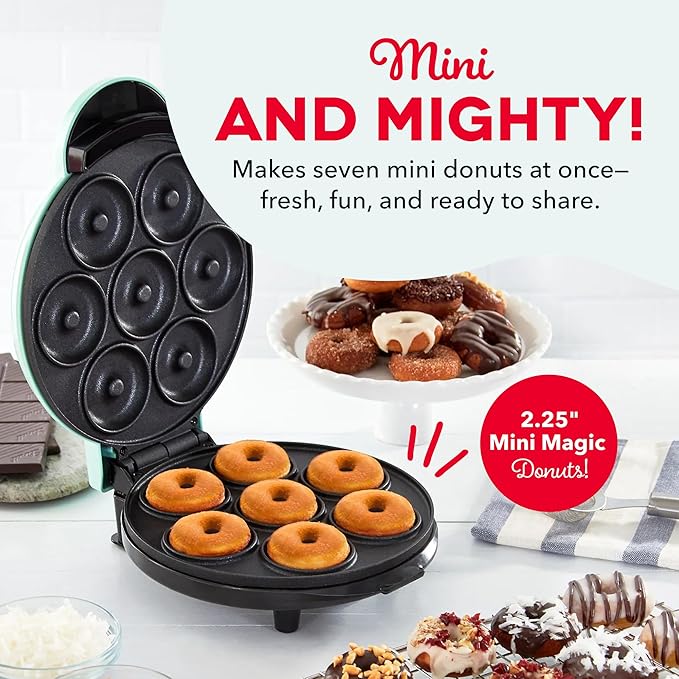 Dash Express Mini Donut Maker - Homemade Dessert Maker - Features Double-Sided, Non-Stick Surface & Space-Saving Design - Makes 7 - Aqua