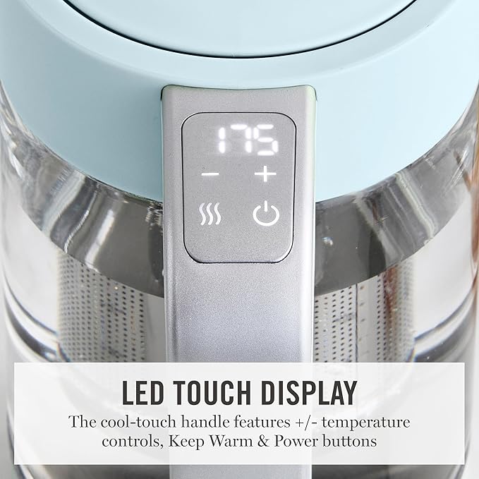 Martha Stewart Electric Kettle with Removable Stainless Steel Tea Infuser, Glass Carafe 1.7L (7 Cups), Hot Water Boiler, 4 Presets, Keep Warm & Auto Shut-Off, Cordless 360° Swivel Base, Sky Blue