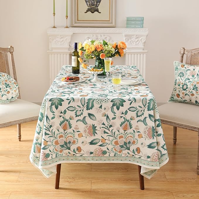 patdrea Designer Linen Green Small Cloth for Rectangle Table,Vintage Italian Floral Country Linen Tablecloth,Decor Cover for Kitchen Dining,Christmas,Thanksgiving,Tea Party,55"x71"-Tree Life
