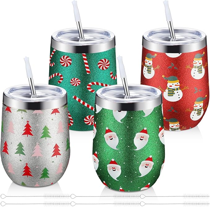 Sliner 4 Pack Pack Christmas Glitter Tumbler Bulk, 12 oz Holiday Wine Tumbler Set Stainless Steel Insulated Sparkling Glitter Cup with Lids Straws and Brushes Travel Mug Xmas Gift (Cute Style)