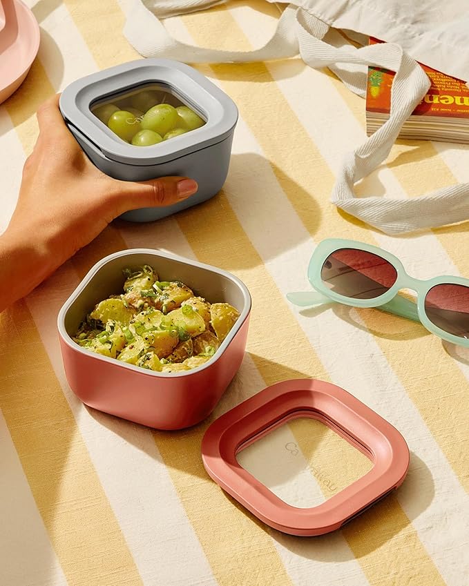 Caraway Mini Food Storage 9pc Set - Glass Storage Containers for Food - Non-Toxic Ceramic-Coated Glass - Air Release Technology - Compact & Stackable Design - Gray