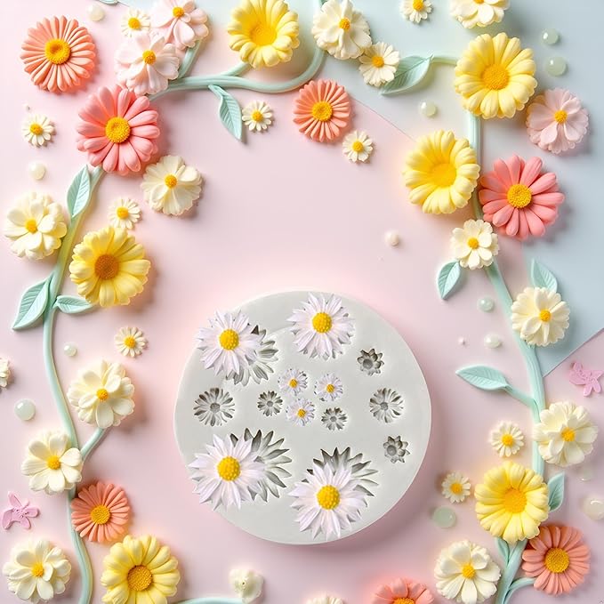 Grey Cute Flower Silicone Molds Daisy Shape Fondant Candy Mould Mini Flower Chocolate Mold for Cake Decoration Cupcake Topper Fudge Polymer Clay，Pastry and Baking Molds，Fondant and Gum Paste Molds