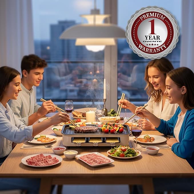 OVENTE 2-in-1 Electric Indoor Grill, 1500W Smokeless Korean BBQ Griddle with Non-Stick Removable Cooking Plate, 3 Raclette Cheese Pans, Adjustable Temperature Control, Dishwasher Safe, Beige BQR1502B