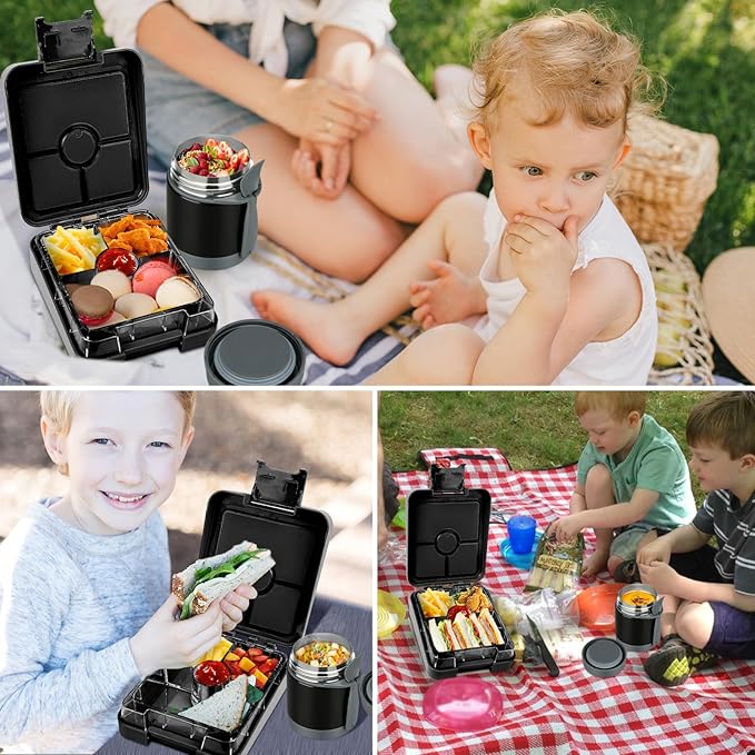 Bento Lunch Box Set for Kids with 10oz Soup Thermo, Leak-Proof Lunch Containers with 4 Compartment, Kids Thermo Hot Food Jar and Insulated Lunch Bag for Kid to School,BPA-Free(Black)