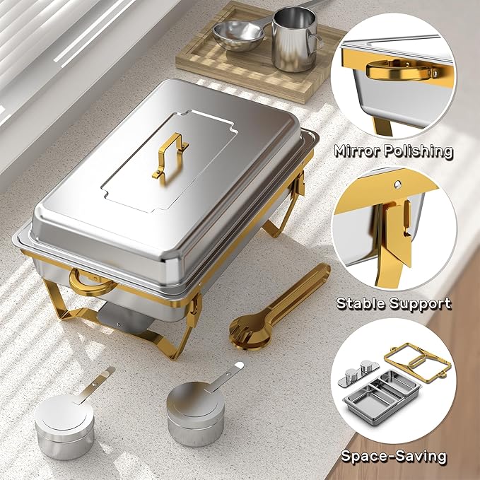 Chafing Dishes for Buffet 4 Pack(Full 1/2 1/3 Size Pan), 9QT Chafing Dish Buffet Set Stainless Steel Buffet Food Warmers Sets for Catering Events Parties Dinners,Gold and Silver