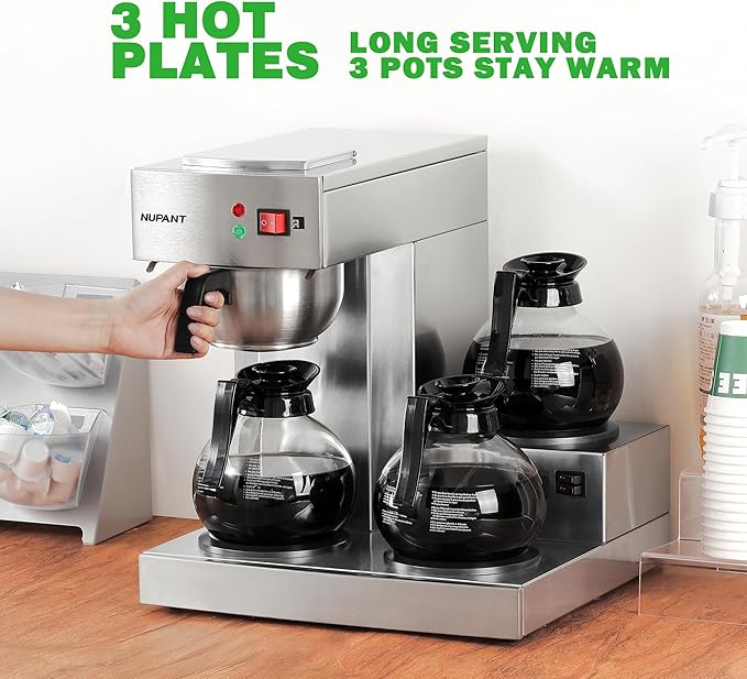 NUPANT 12 Cup Commercial Coffee Maker,Drip Coffee Maker Machine with 3 Warmers Plate and 3 Glass Decanters, Stainless Steel Pour Over Commercial Coffee Brewer for Restaurant, Office, Cafe Use