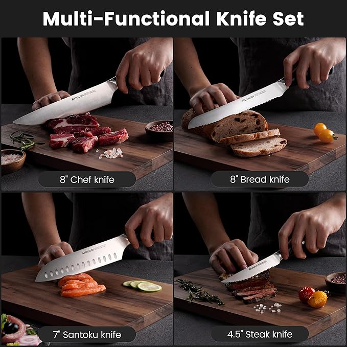 Astercook Kitchen Knife Set, 15 Piece Knife Block Sets with German 1.4116 Steel Sharper and Rust Proof, Full Tang Knives Set with Ergonomic Nylon Handle, Dishwasher Safe Black