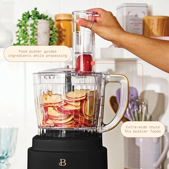 Beautiful by Drew Barrymore 10-Cup Food Processor, 500-Watts, Variable Speed, Pulse, 3" Wide Feed Tube, Stainless Steel Blades, Dishwasher Safe, Large Bowl, Accessories Included (Black Seaseme)