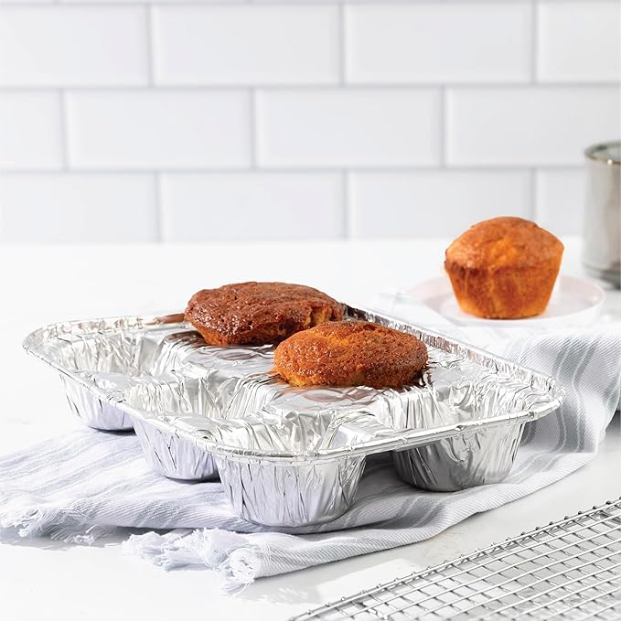 PLASTICPRO Aluminum Foil Muffin Pans Reusable and Disposable, Muffin & Pie foil Pan (10, 6 cavity XL)