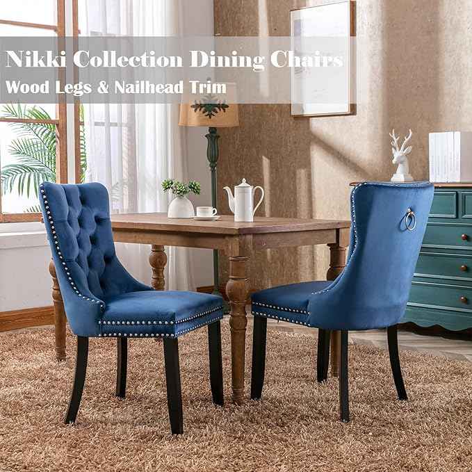 Upholstered Dining Chairs Set of 2, Velvet Dining Room Chairs with Back Ring Pull Trim and Solid Wood Legs, Tufted Wingback Kitchen Chair Perfect for Dining Room,Living Room,Kitchen(Blue)