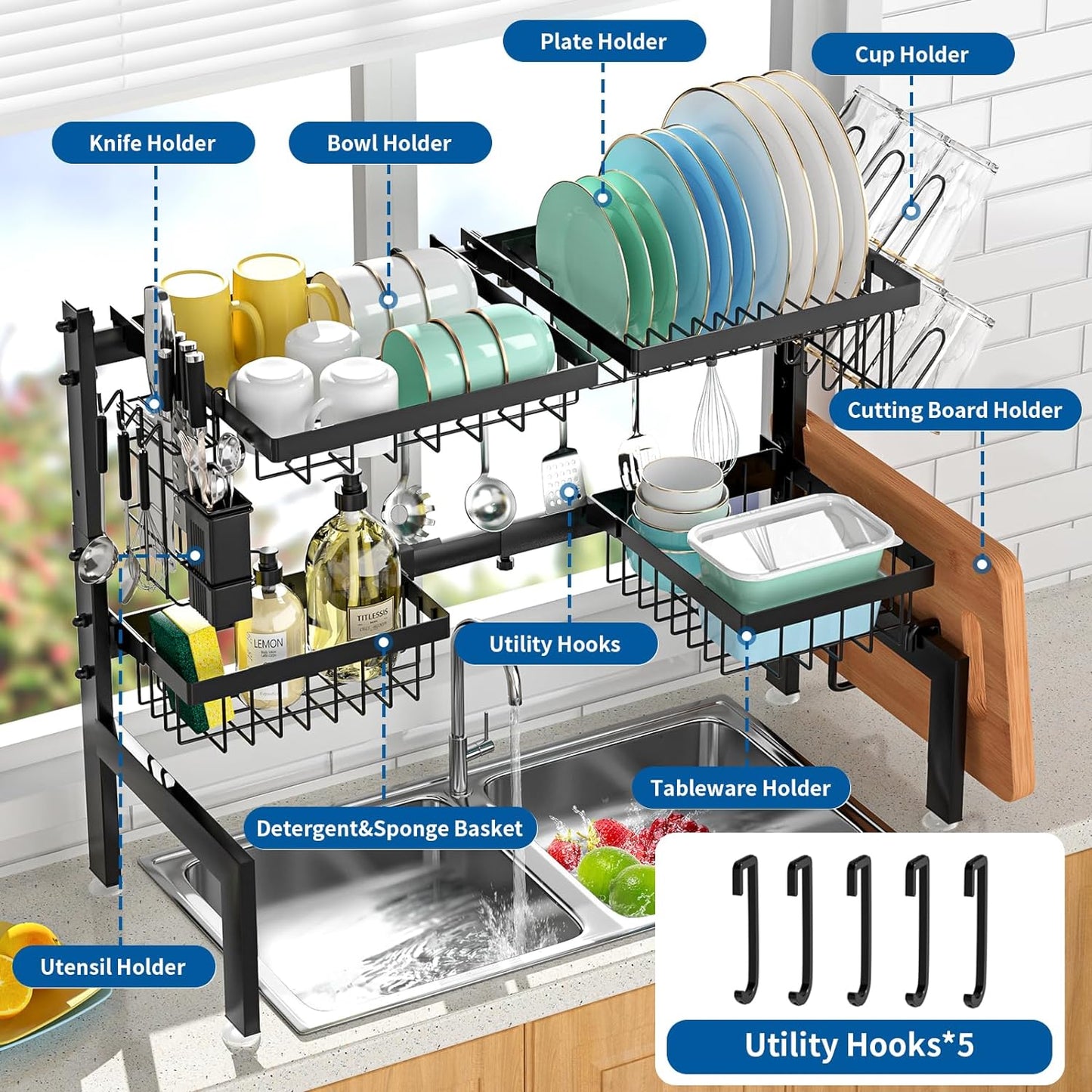Over The Sink Dish Drying Rack,Expandable 2-Tier Stainless Steel Over The Sink Dish Rack with Utensil Holder Dish Drainers for Kitchen Counter