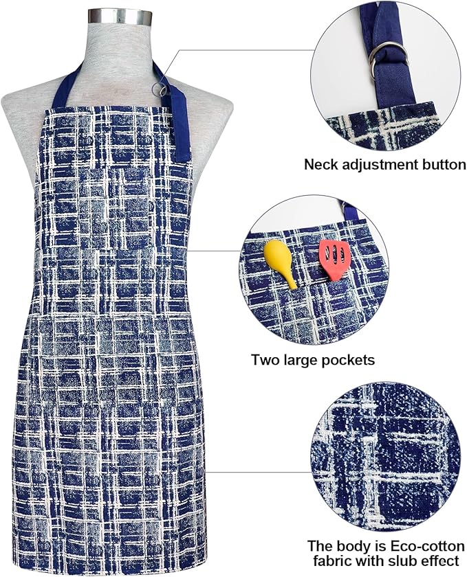 Alselo Oven Mitts and Pot Holders with Cooking Apron,Set of 5 Heat Resistant Kitchen Gloves and Silicone Non-Slip Potholders Adjustable Neck Buckle Chef Apron, Cotton Nice Design for Cooking (Navy)