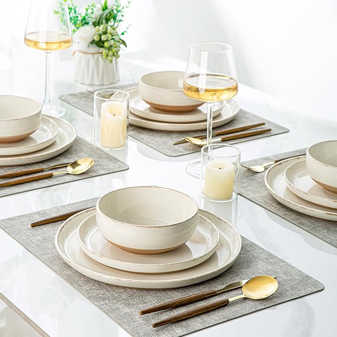 AmorArc Ceramic Dinnerware Sets with Pasta Bowls for 4, Handpainted Plates and Bowls Set with Rustic Terracotta Underside, Scratch Resistant Dishes Set, Dishwasher & Microwave Safe, 16 Pcs