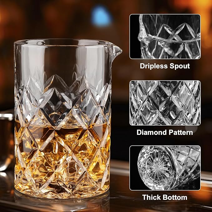2 Pack Cocktail Mixing Glass, 18.5oz Crystal Mixing Glasses, Thick Bottom Accessories for Whiskey Manhattan Martini