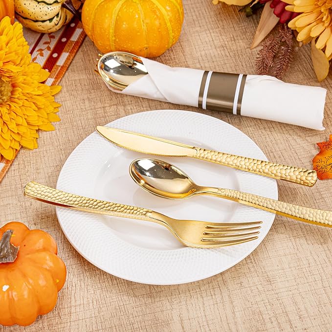 WELLIFE 400PCS Gold Plastic Silverware, Pre Rolled Silverware Set Disposable,Plastic Cutlery Includes: 100 Forks, 100 Knives, 100 Spoons, 100 Napkins, Cutlery Set Disposable for Thanksgiving