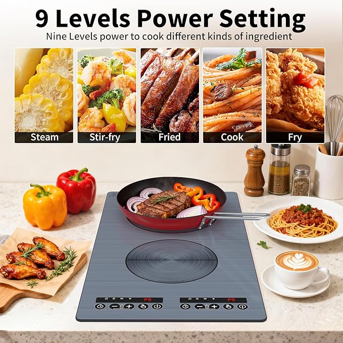 VBGK induction cooktop,110V 2300W double burner hot plate with LED touch control, 9 Power Levels, Kids Lock & Timer, Overheat Protection,2 burner induction cooktop