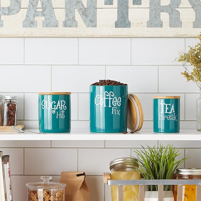 DII Kitchen Accessories Retro Collection Ceramics, Canister Set, Teal, 3 Piece