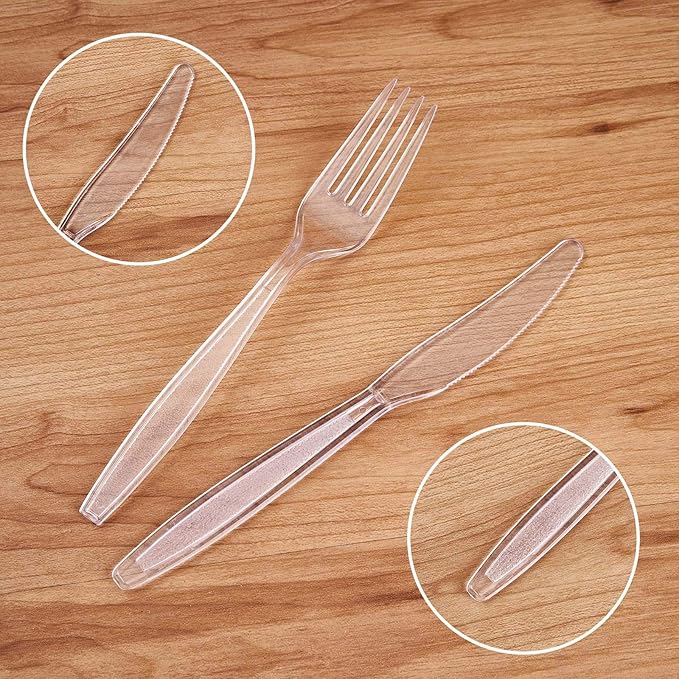 Cutlery Set Plastic Utensils Clear Forks Spoons Knives Disposable Silverware Heavyweight [300 Combo Box] (Formerly FULING)
