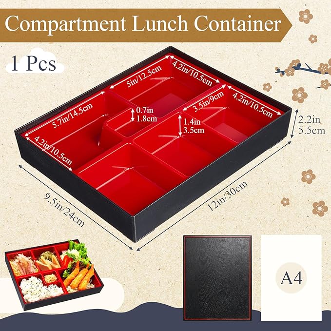 Teenyyou 1 Pcs One Layer Japanese Bento Box 12 x 9.5 x 2.2 Inch Divided Bento Box Adult Japanese Lunch Container with Greaseproof for Sushi Home Office Restaurant Gift
