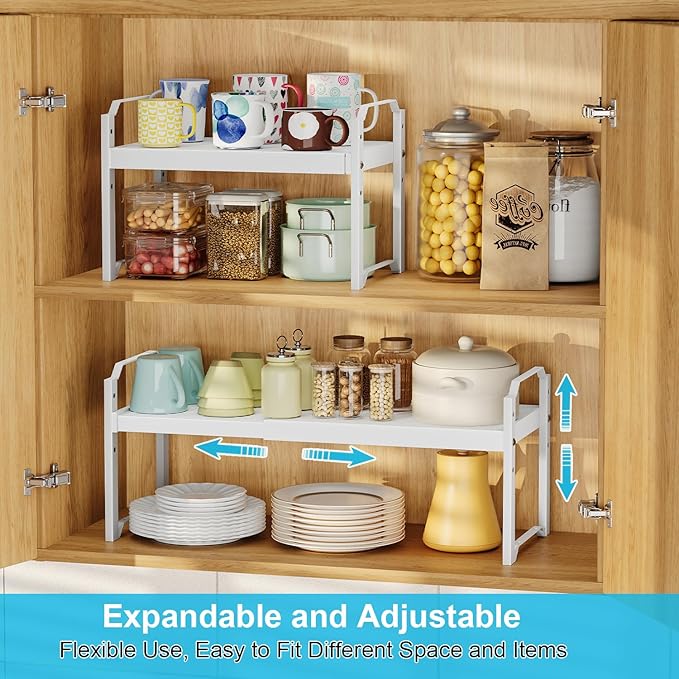 X-cosrack 2 Pack Expandable Kitchen Cabinet Shelf Organizer, Stackable Adjustable Storage Shelves for Pantry Cupboard Kitchen Counter, 20LBS Loading Capacity, Size: W*D*H=20.5 * 8.26" * 8.72"