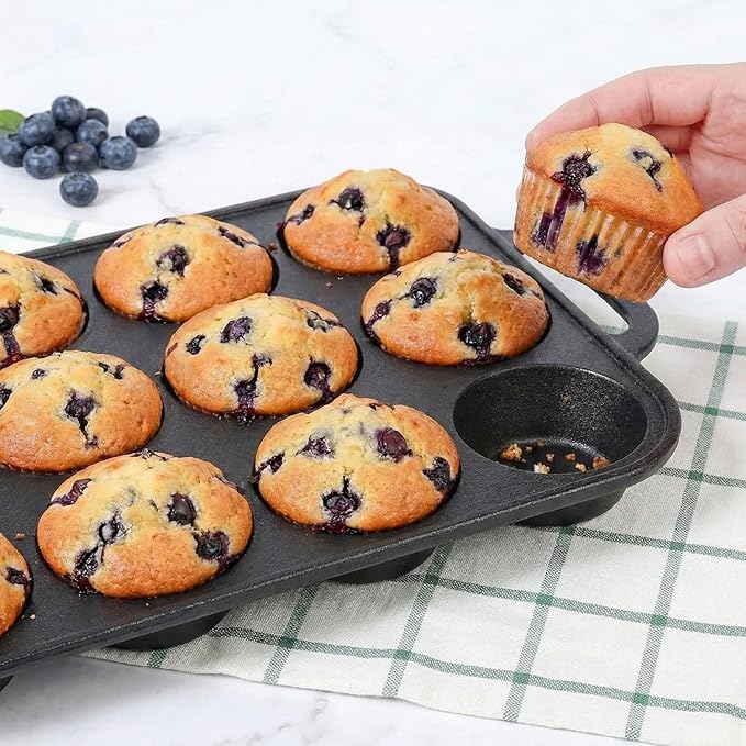 Flavehc 2pack Cast Iron Muffin Pans for Baking 12 Cup Regular Size Cupcake Pan with Handle Pre-Seasoned Muffin Pans Molds