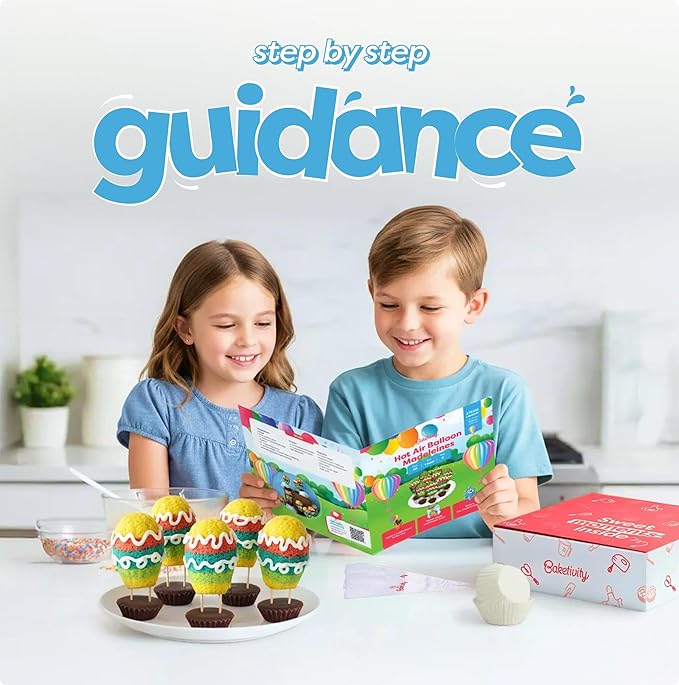 Hot Air Balloon Madeleines Kids Baking Kit STEM Learning Activity Pre-Measured Ingredients Silicone Madeleine Mold Colorful Batter & Icing Decorating Set Educational Recipe Book for Fun Family Baking