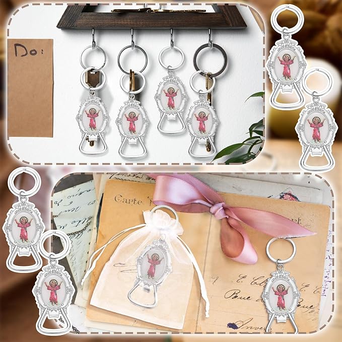 Misdary 12 Pcs Divine Child Jesus Bottle Opener Keychain Catholic Bottle Opener with Organza Baptism Party Favor for Guest