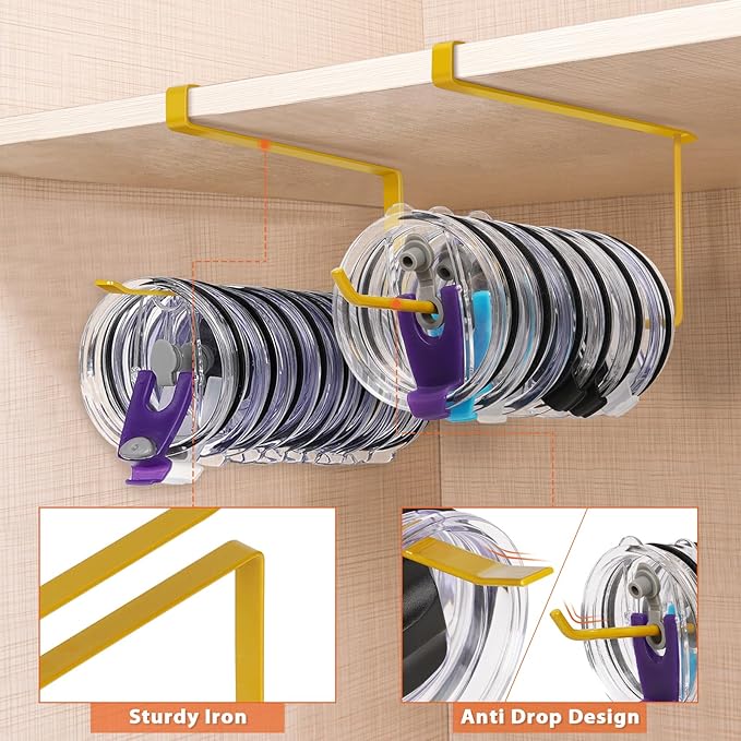 2 Pack Tumbler Lid Organizer, Horizontal Tumbler Lid Storage Hook Up to 20 Lids, Space Saving Cup Lid Holder Under Cabinet Tumbler Lid Hook for Kitchen Organizer, Paper Towel Hanger(Round&Flat, Gold)
