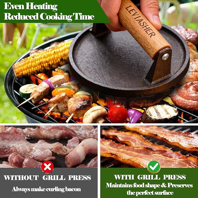 Heavy Duty Cast Iron Griddle Press, 2.2lb 6.7” Round Steak Weight Professional Cooking Press with Wood Handle for Smash Burgers, Sandwich, Bacon, Panini, Vegetables on BBQ, Grid-Patterned