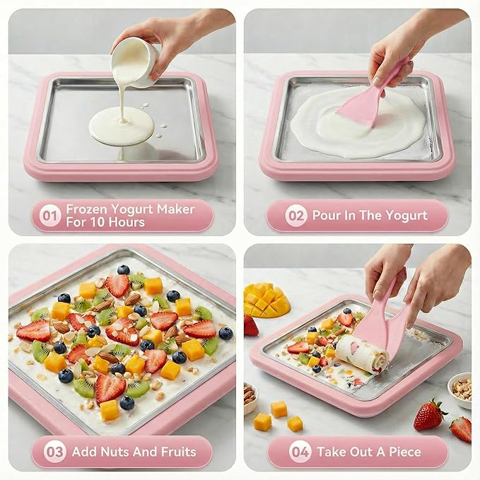 Rolled Ice Cream Maker, Ice Cream Tray with Ice Cream Roller, Manual Homemade Ice Cream Maker for Frozen Yogurt Sorbet, Ice Cream Tray for Family (Pink)