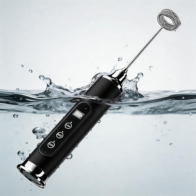 YUSWKO Milk Frother Wand for Coffee, Handheld Coffee Frother, Rechargeable Drink Mixer, Waterproof Electric Whisk, Black