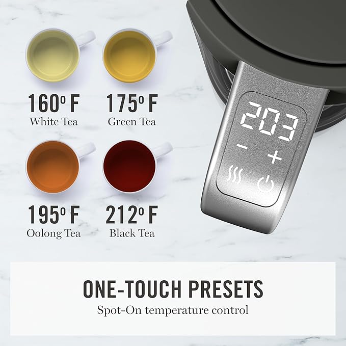 Martha Stewart  Electric  Kettle with Removable Stainless Steel Tea Infuser, Glass Carafe 1.7L (7 Cups), Hot Water Boiler, 4 Presets, Keep Warm & Auto Shut-Off, Cordless 360° Swivel Base, Caviar Gray