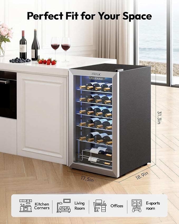EUHOMY 25 bottle Wine Cooler Refrigerator, Freestanding Compressor Wine Fridge with Adjustable Temperature and Digital Control, Mini Fridge with Glass Door for Red White Wine, Beer, Silver